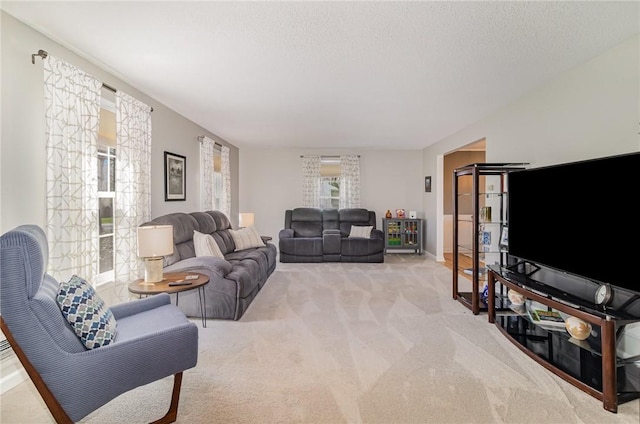 carpeted living area with a textured ceiling