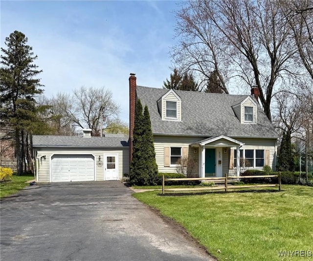 new england style home featuring a shingled roof, a chimney, a front yard, and aphalt driveway