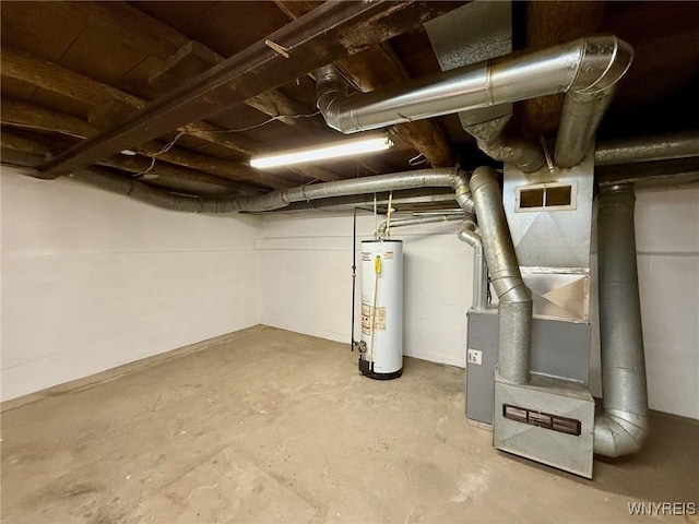 unfinished below grade area with visible vents, heating unit, and water heater