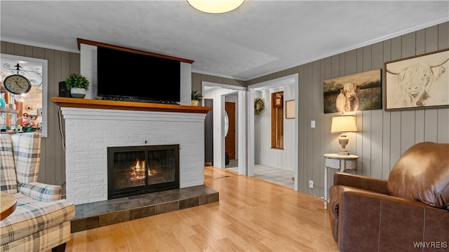 living area featuring ornamental molding, wood finished floors, and a fireplace
