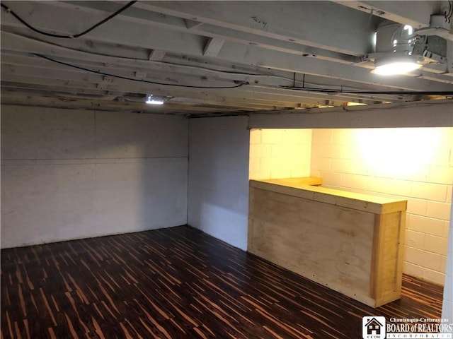 unfinished below grade area featuring dark wood-style flooring