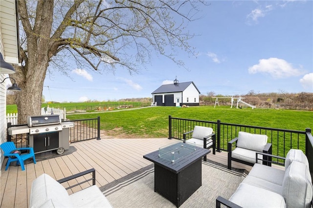 wooden terrace with a lawn, a playground, outdoor lounge area, and a rural view