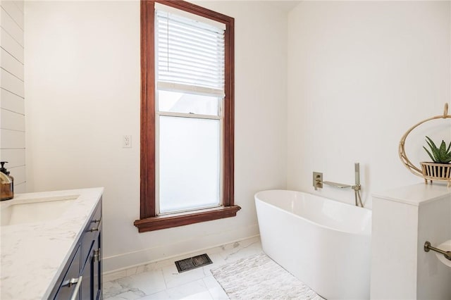 full bath with visible vents, a healthy amount of sunlight, and marble finish floor