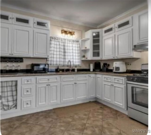 kitchen featuring a sink, under cabinet range hood, stainless steel gas range oven, and dark countertops