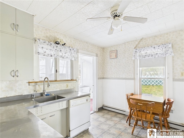 kitchen featuring white dishwasher, stainless steel counters, wallpapered walls, and a sink