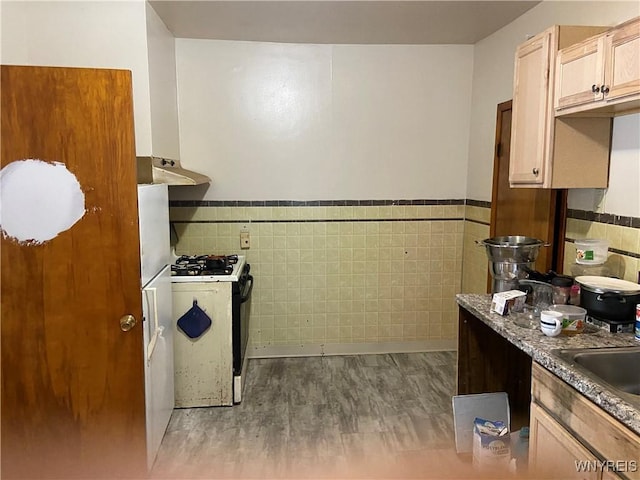 kitchen featuring a sink, tile walls, wainscoting, and gas range