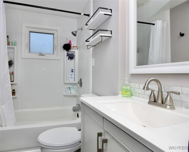 full bath with decorative backsplash, toilet, shower / bath combination with curtain, and vanity