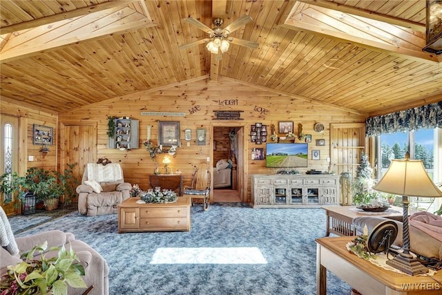 living room with a ceiling fan, wood walls, lofted ceiling with beams, and wood ceiling
