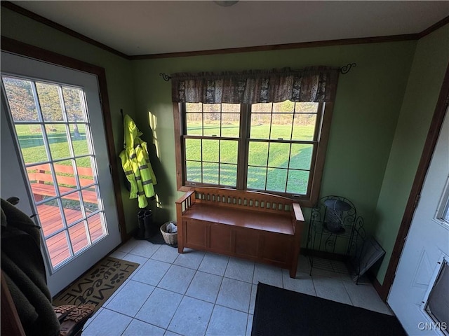 interior space with light tile patterned floors, ornamental molding, and a wealth of natural light