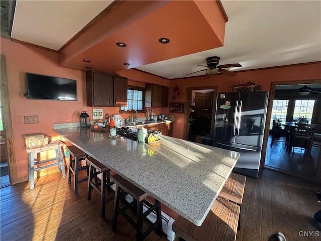 kitchen with dark wood-style flooring, freestanding refrigerator, a sink, and a ceiling fan