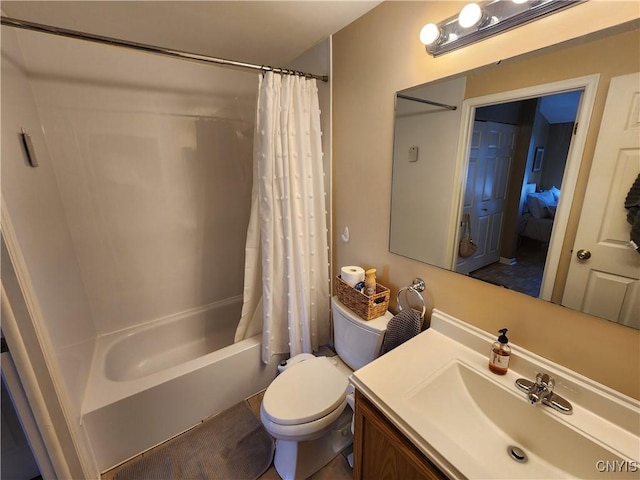 full bath featuring vanity, toilet, and shower / tub combo with curtain