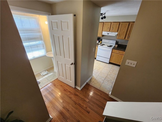 hall with baseboards and light wood-type flooring