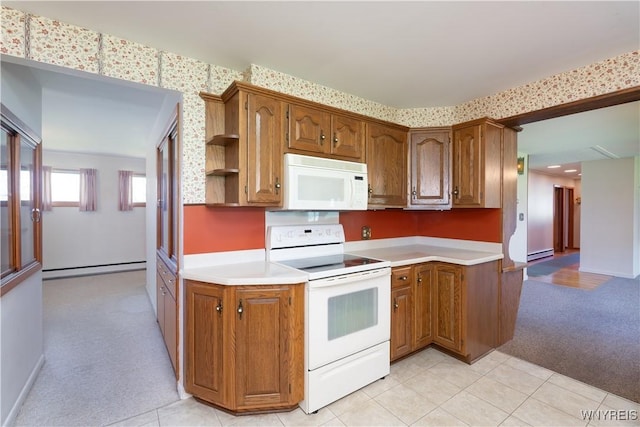 kitchen featuring brown cabinets, light carpet, a baseboard heating unit, and white appliances