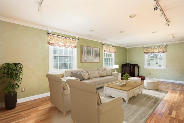 living room with crown molding, baseboards, light wood finished floors, and rail lighting