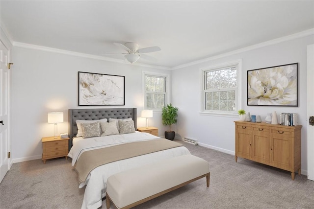 bedroom with baseboards, light colored carpet, and ornamental molding