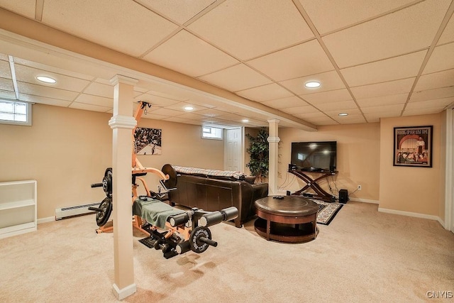22 Plaza Dr, Amherst, NY 14221 - exercise area featuring a baseboard heating unit, carpet flooring, and a paneled ceiling