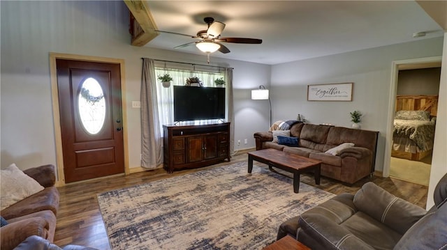 living area with a ceiling fan and wood finished floors