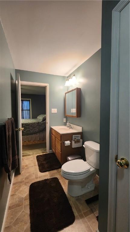 ensuite bathroom with vanity, connected bathroom, and toilet