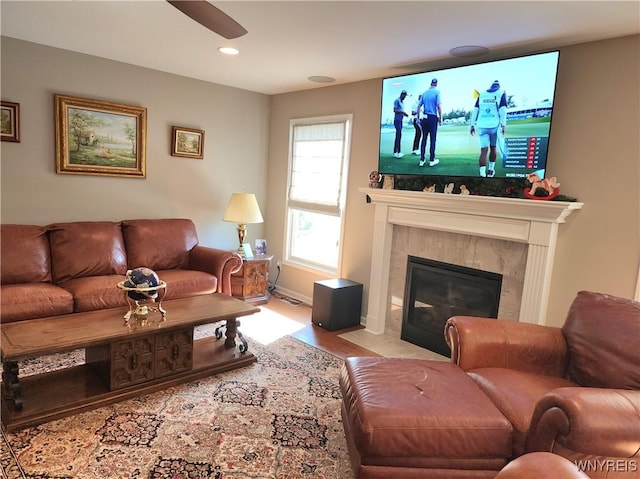 5260 Murphy Rd, Orchard Park, NY 14127 - living area with a high end fireplace, baseboards, ceiling fan, and recessed lighting