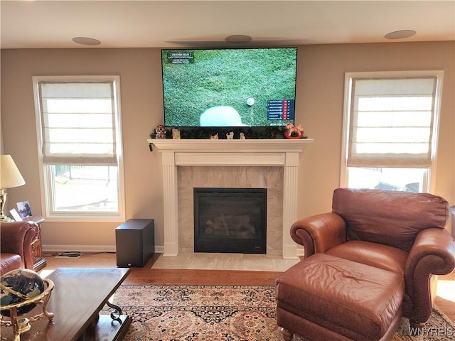 5260 Murphy Rd, Orchard Park, NY 14127 - living room featuring baseboards, wood finished floors, and a fireplace