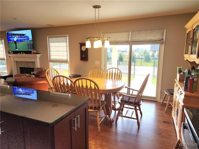 5260 Murphy Rd, Orchard Park, NY 14127 - dining area with dark wood-style flooring and a fireplace