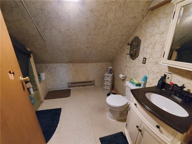 full bathroom with vanity, a baseboard radiator, and toilet
