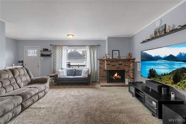 carpeted living room with crown molding and a fireplace