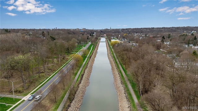 bird's eye view with a water view
