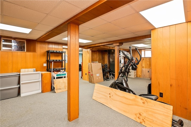 below grade area with wooden walls, carpet flooring, and a paneled ceiling