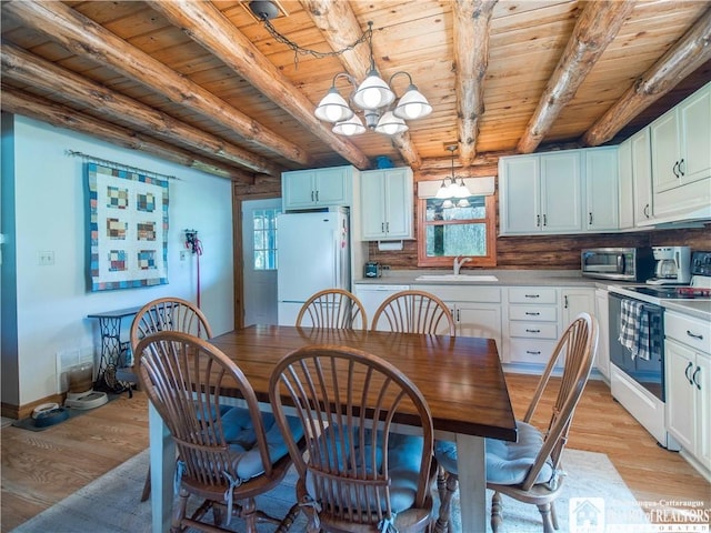 dining room with beam ceiling, wooden ceiling, baseboards, a notable chandelier, and light wood-style flooring