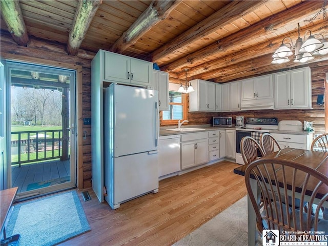 kitchen with light wood-type flooring, a sink, wooden ceiling, rustic walls, and white appliances