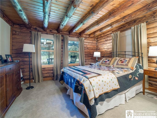 carpeted bedroom with wood ceiling, beamed ceiling, and log walls