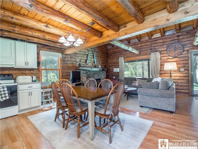 dining space with wood ceiling, beam ceiling, plenty of natural light, and log walls