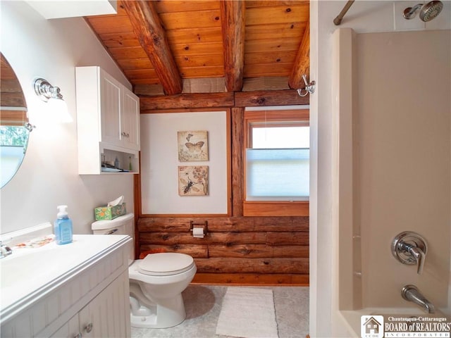 full bathroom featuring rustic walls, vanity, wooden ceiling, bathing tub / shower combination, and beamed ceiling
