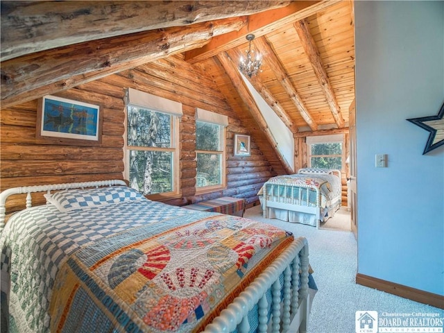 bedroom with log walls, baseboards, wood ceiling, a chandelier, and lofted ceiling with beams