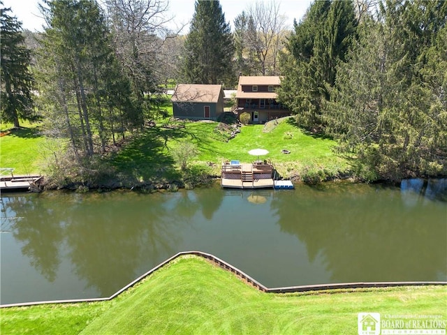 aerial view featuring a water view