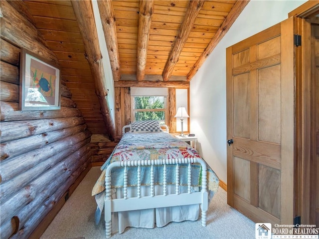 bedroom with vaulted ceiling with beams, carpet, log walls, and wooden ceiling