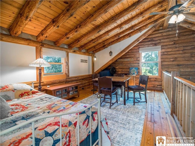 bedroom featuring wood-type flooring, vaulted ceiling with beams, log walls, and wood ceiling