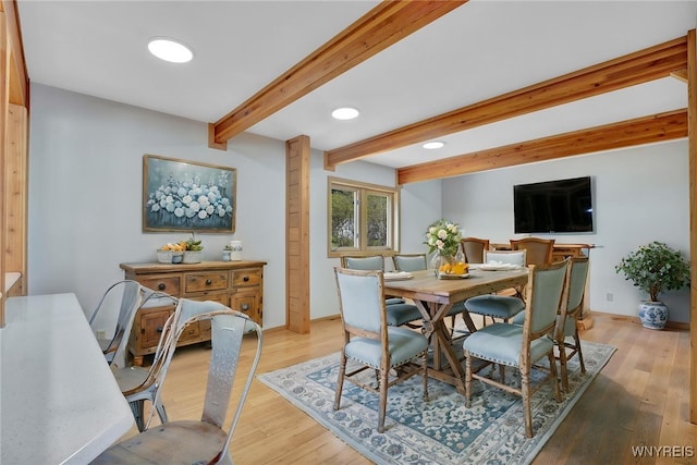 256 W Shore Rd, Cuba, NY 14727 - dining space with light wood-style floors, recessed lighting, baseboards, and beamed ceiling