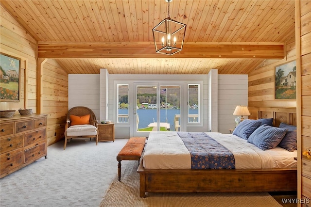 256 W Shore Rd, Cuba, NY 14727 - carpeted bedroom featuring an inviting chandelier, lofted ceiling with beams, and wood walls