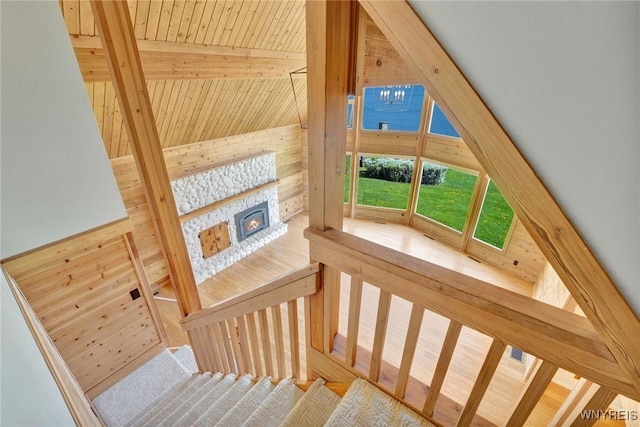 256 W Shore Rd, Cuba, NY 14727 - additional living space with wooden walls, a stone fireplace, lofted ceiling with beams, and wooden ceiling