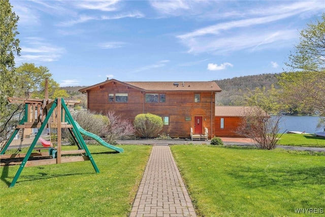 256 W Shore Rd, Cuba, NY 14727 - rear view of property with a lawn, a playground, and entry steps