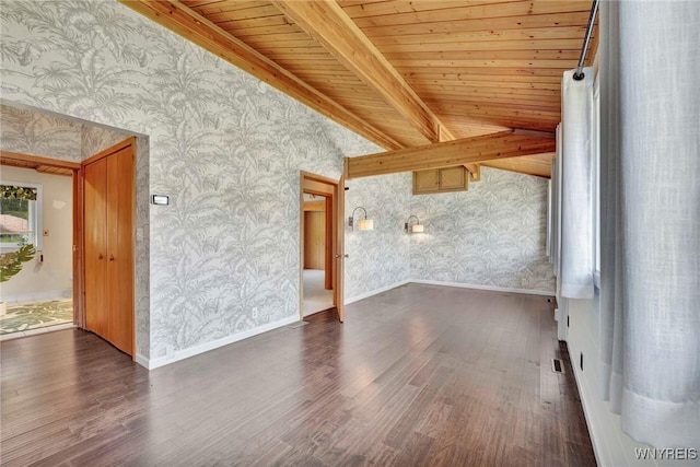 256 W Shore Rd, Cuba, NY 14727 - unfurnished living room featuring wood ceiling, wallpapered walls, beam ceiling, and dark wood-type flooring