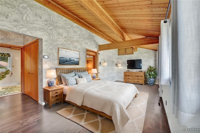 256 W Shore Rd, Cuba, NY 14727 - bedroom featuring wood ceiling, wallpapered walls, vaulted ceiling with beams, and wood finished floors