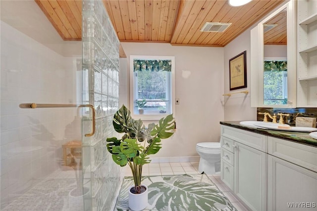 256 W Shore Rd, Cuba, NY 14727 - full bath with visible vents, vanity, tile patterned floors, wooden ceiling, and a stall shower