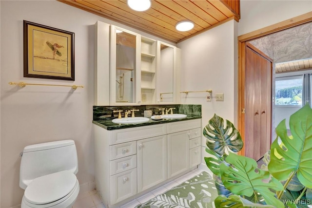 256 W Shore Rd, Cuba, NY 14727 - bathroom featuring tile patterned flooring, decorative backsplash, toilet, wood ceiling, and a sink