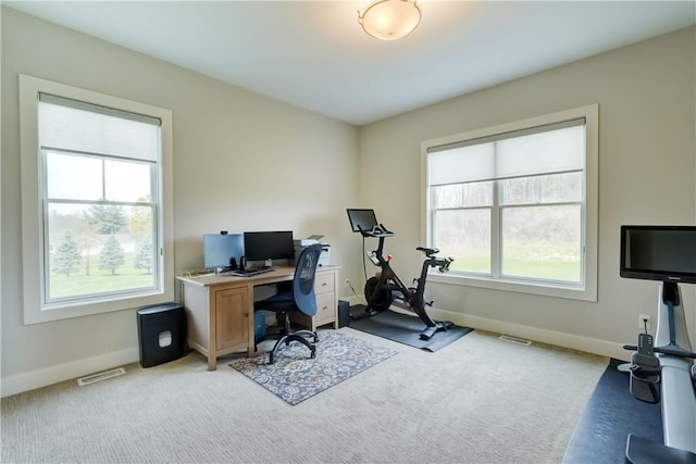 home office featuring light colored carpet, a wealth of natural light, and visible vents