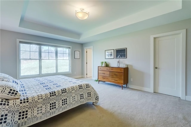 bedroom with baseboards, carpet flooring, and a raised ceiling