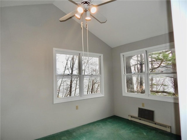 unfurnished dining area with carpet floors, plenty of natural light, baseboard heating, and lofted ceiling