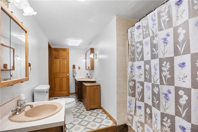 full bathroom featuring toilet, a shower with curtain, and vanity
